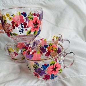 Set of 4 Hand‎ Painted Floral Clear Glass Cottagecore Boho Mugs Valentine's Day